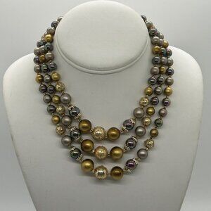 Vintage Multi-Strand Necklace Iridescent Gold Tone Pearlescent Beads Pro Formal